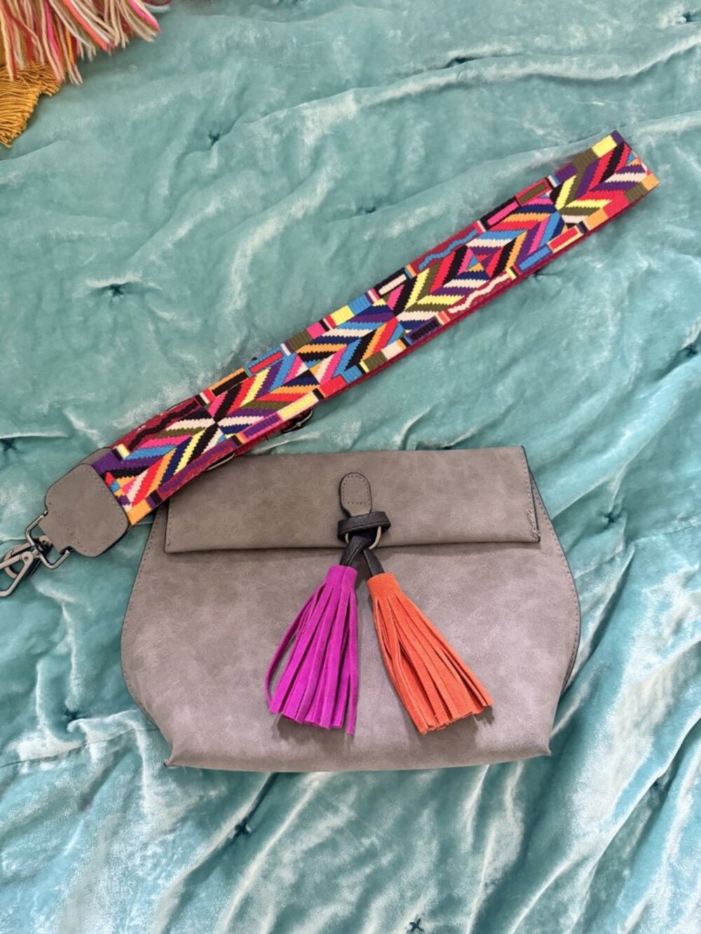 Gray Vegan Leather Crossbody Bag Orange Pink Tassels Colorful Guitar Strap